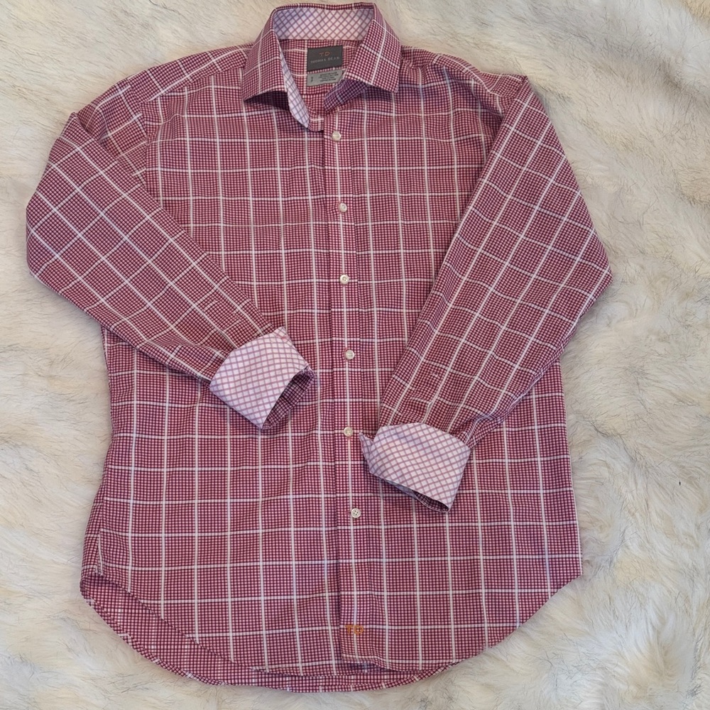 Thomas Dean Mens dark pink, light pink & white long sleeve Dress Shirt
